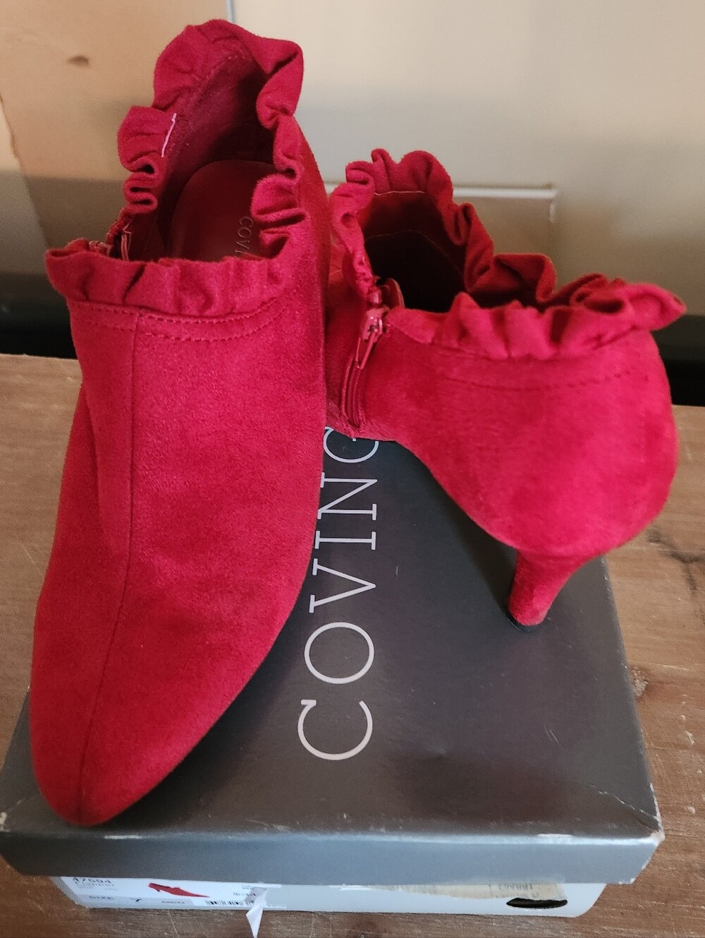 Covington Red Ruffle Faux Suede Pointed Heeled Booties
